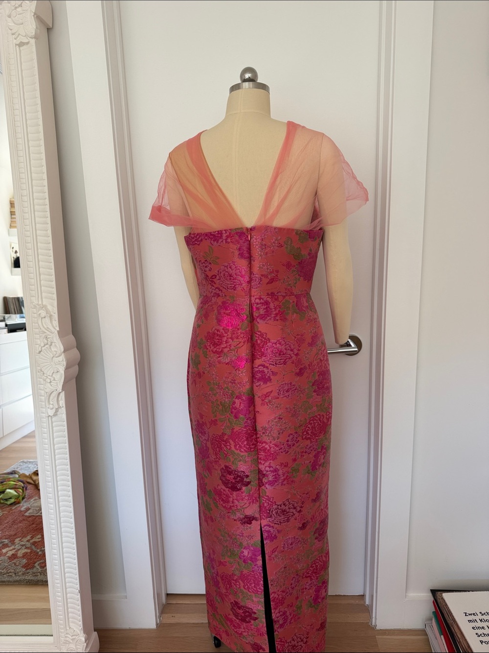 Theia Pink and Green Floral Brocade Maxi Gown with Sheer Capelet - Picture 2 of 8